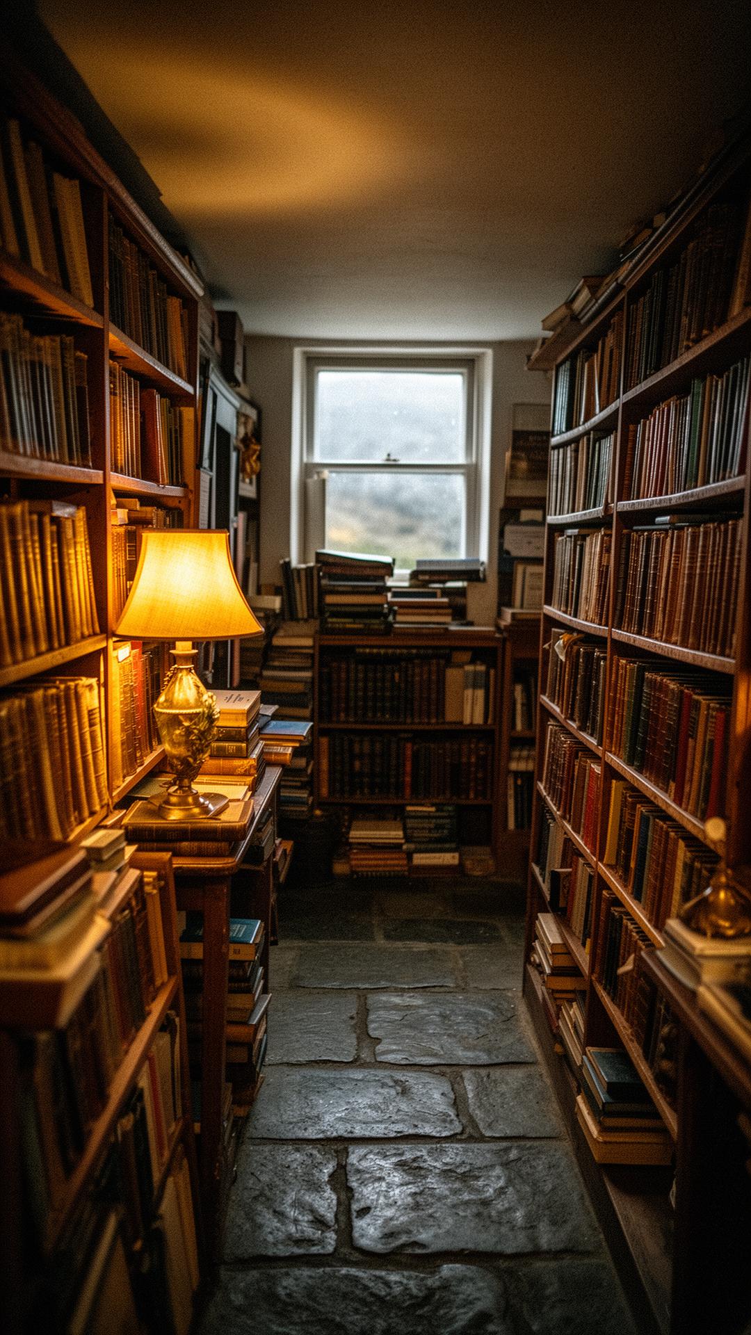 Interior of a Scottish second-hand bookshop lit by a single golden lamp